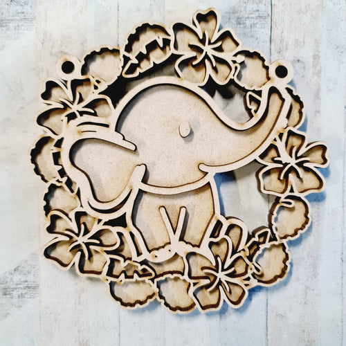 OL2719 - MDF Jungle Elephant doodle Floral hanging Bauble - Olifantjie - Wooden - MDF - Lasercut - Blank - Craft - Kit - Mixed Media - UK