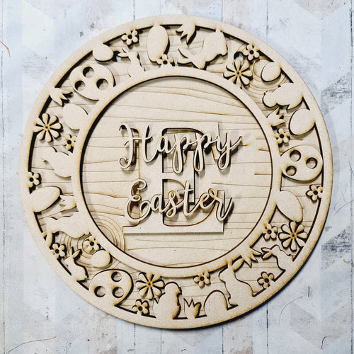 OL554 - MDF Personalised Circle Plaque Frame - Easter Theme - Olifantjie - Wooden - MDF - Lasercut - Blank - Craft - Kit - Mixed Media - UK