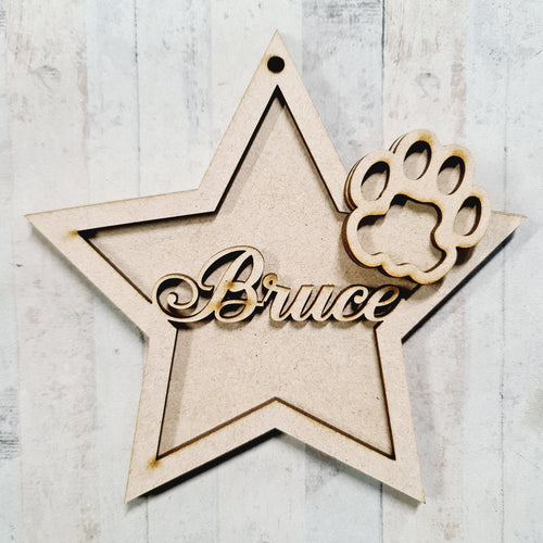 ST020 - MDF Hanging Star - Single Cat Paw Print Theme Decoration with Choice of Wording - 2 Fonts - Olifantjie - Wooden - MDF - Lasercut - Blank - Craft - Kit - Mixed Media - UK
