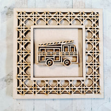 OL4395 - MDF Rattan effect square plaque with vehicle doodle - Fire engine - Olifantjie - Wooden - MDF - Lasercut - Blank - Craft - Kit - Mixed Media - UK