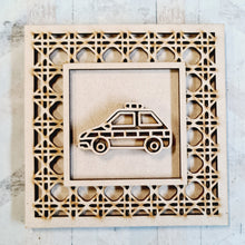 OL4394 - MDF Rattan effect square plaque with vehicle doodle - Police Car - Olifantjie - Wooden - MDF - Lasercut - Blank - Craft - Kit - Mixed Media - UK