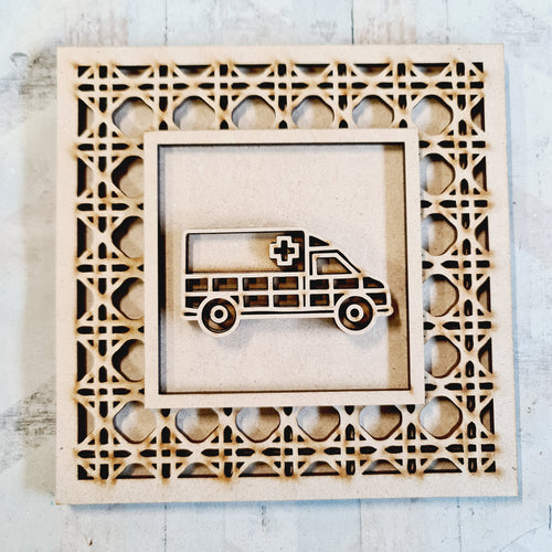 OL4393 - MDF Rattan effect square plaque with vehicle doodle - Ambulance - Olifantjie - Wooden - MDF - Lasercut - Blank - Craft - Kit - Mixed Media - UK