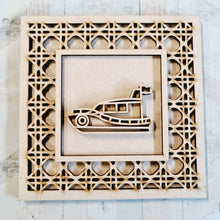 OL4392 - MDF Rattan effect square plaque with vehicle doodle - Life guard rescue boat - Olifantjie - Wooden - MDF - Lasercut - Blank - Craft - Kit - Mixed Media - UK