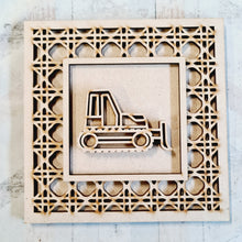 OL4391 - MDF Rattan effect square plaque with vehicle doodle - Plough - Olifantjie - Wooden - MDF - Lasercut - Blank - Craft - Kit - Mixed Media - UK