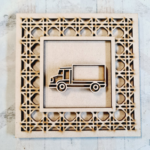 OL4389 - MDF Rattan effect square plaque with vehicle doodle - Truck - Olifantjie - Wooden - MDF - Lasercut - Blank - Craft - Kit - Mixed Media - UK