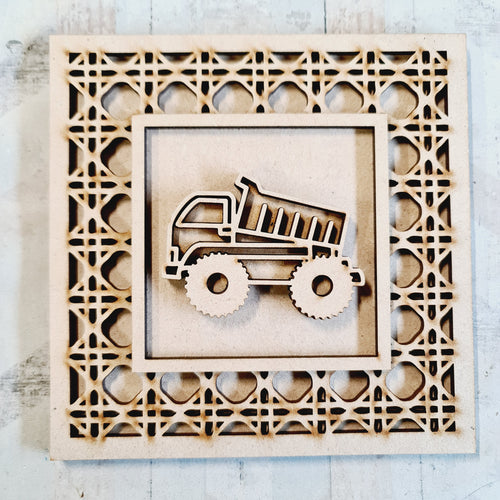 OL4388 - MDF Rattan effect square plaque with vehicle doodle - Dumper - Olifantjie - Wooden - MDF - Lasercut - Blank - Craft - Kit - Mixed Media - UK