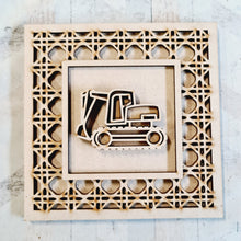 OL4387 - MDF Rattan effect square plaque with vehicle doodle - Digger - Olifantjie - Wooden - MDF - Lasercut - Blank - Craft - Kit - Mixed Media - UK