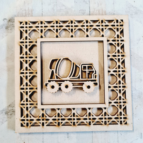 OL4386 - MDF Rattan effect square plaque with vehicle doodle - Cement mixer - Olifantjie - Wooden - MDF - Lasercut - Blank - Craft - Kit - Mixed Media - UK