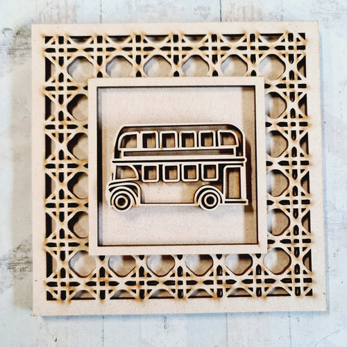 OL4385 - MDF Rattan effect square plaque with vehicle doodle - Bus - Olifantjie - Wooden - MDF - Lasercut - Blank - Craft - Kit - Mixed Media - UK