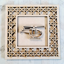 OL4382 - MDF Rattan effect square plaque with vehicle doodle - Helicopter - Olifantjie - Wooden - MDF - Lasercut - Blank - Craft - Kit - Mixed Media - UK