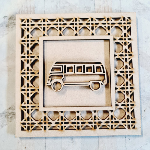 OL4381 - MDF Rattan effect square plaque with vehicle doodle - Camper - Olifantjie - Wooden - MDF - Lasercut - Blank - Craft - Kit - Mixed Media - UK