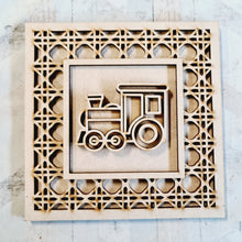 OL4380 - MDF Rattan effect square plaque with vehicle doodle - Train - Olifantjie - Wooden - MDF - Lasercut - Blank - Craft - Kit - Mixed Media - UK