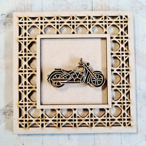 OL4379 - MDF Rattan effect square plaque with vehicle doodle - Motorbike 2 - Olifantjie - Wooden - MDF - Lasercut - Blank - Craft - Kit - Mixed Media - UK