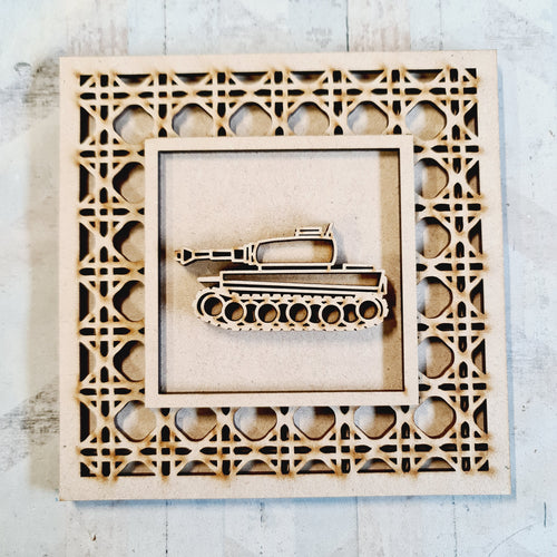 OL4378 - MDF Rattan effect square plaque with vehicle doodle - Tank - Olifantjie - Wooden - MDF - Lasercut - Blank - Craft - Kit - Mixed Media - UK