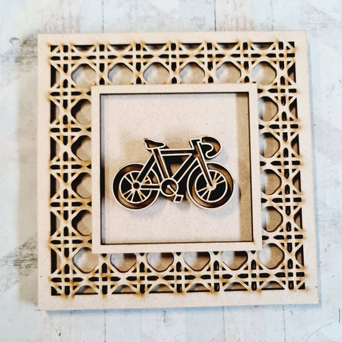 OL4377 - MDF Rattan effect square plaque with vehicle doodle - Bike - Olifantjie - Wooden - MDF - Lasercut - Blank - Craft - Kit - Mixed Media - UK