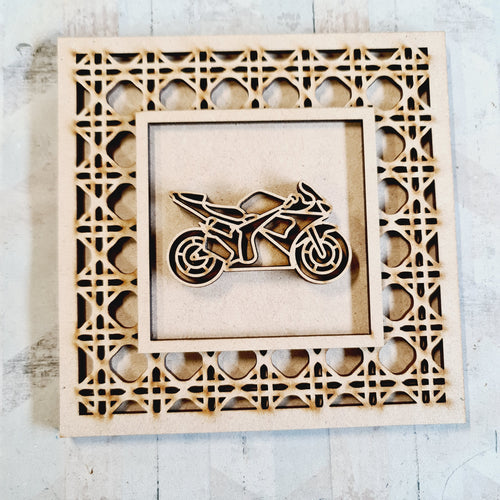 OL4376 - MDF Rattan effect square plaque with vehicle doodle - Motorbike 1 - Olifantjie - Wooden - MDF - Lasercut - Blank - Craft - Kit - Mixed Media - UK