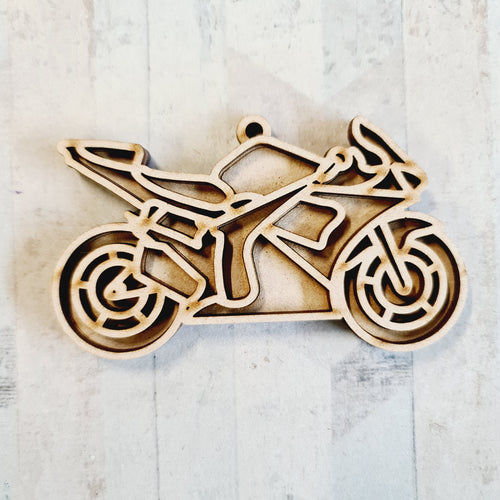 OL4424 - MDF Doodle Transport Hanging - Motorbike 1- With or Without Banner - Olifantjie - Wooden - MDF - Lasercut - Blank - Craft - Kit - Mixed Media - UK