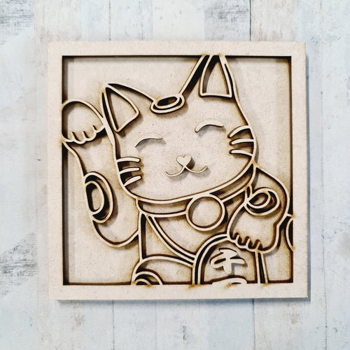 OL3046 - MDF Lucky Cat Square plaque - Style 1 - Olifantjie - Wooden - MDF - Lasercut - Blank - Craft - Kit - Mixed Media - UK