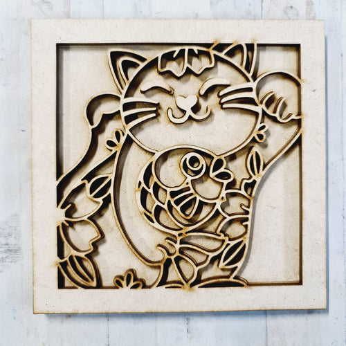 OL3047 - MDF Lucky Cat Square plaque - Style 2 - Olifantjie - Wooden - MDF - Lasercut - Blank - Craft - Kit - Mixed Media - UK