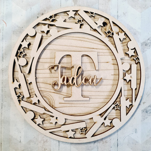 OL1220 - MDF Personalised Circle Plaque Frame - Cricket Theme - Olifantjie - Wooden - MDF - Lasercut - Blank - Craft - Kit - Mixed Media - UK