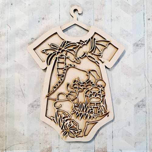 OL4458 - MDF Doodle layered personalised baby grow - Dinosaur themed - Olifantjie - Wooden - MDF - Lasercut - Blank - Craft - Kit - Mixed Media - UK