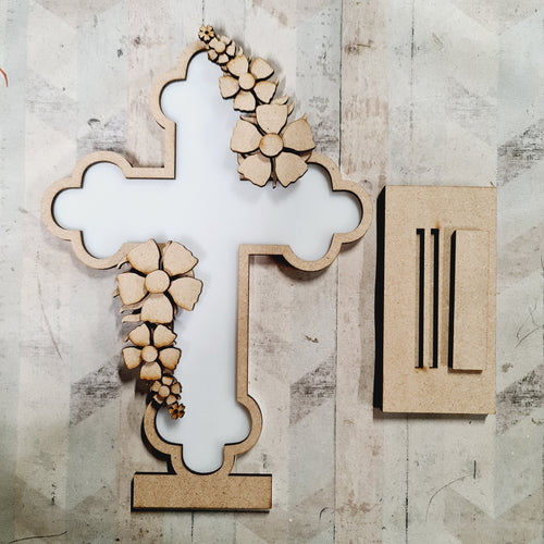 OL4636 - MDF and Acrylic Cross - Freestanding or Hanging/no holes - Acrylic white, or clear or MDF Cross - Folk Flowers - Olifantjie - Wooden - MDF - Lasercut - Blank - Craft - Kit - Mixed Media - UK