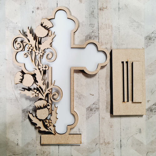 OL4637 - MDF and Acrylic Cross - Freestanding or Hanging/no holes - Acrylic white, or clear or MDF Cross - Thistles - Olifantjie - Wooden - MDF - Lasercut - Blank - Craft - Kit - Mixed Media - UK