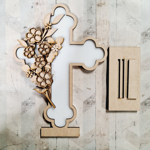 OL4640 - MDF and Acrylic Cross - Freestanding or Hanging/no holes - Acrylic white, or clear or MDF Cross - Forget me not - Olifantjie - Wooden - MDF - Lasercut - Blank - Craft - Kit - Mixed Media - UK