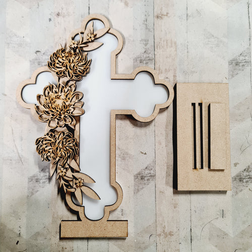 OL4642- MDF and Acrylic Cross - Freestanding or Hanging/no holes - Acrylic white, or clear or MDF Cross - Chrysanthemum - Olifantjie - Wooden - MDF - Lasercut - Blank - Craft - Kit - Mixed Media - UK