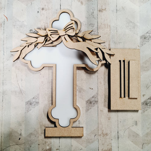 OL4643- MDF and Acrylic Cross - Freestanding or Hanging/no holes - Acrylic white, or clear or MDF Cross - Foilage - Olifantjie - Wooden - MDF - Lasercut - Blank - Craft - Kit - Mixed Media - UK