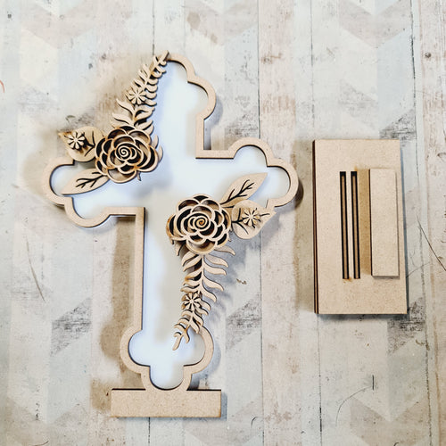 OL4649- MDF and Acrylic Cross - Freestanding or Hanging/no holes - Acrylic white, or clear or MDF Cross - Dog Rose - Olifantjie - Wooden - MDF - Lasercut - Blank - Craft - Kit - Mixed Media - UK