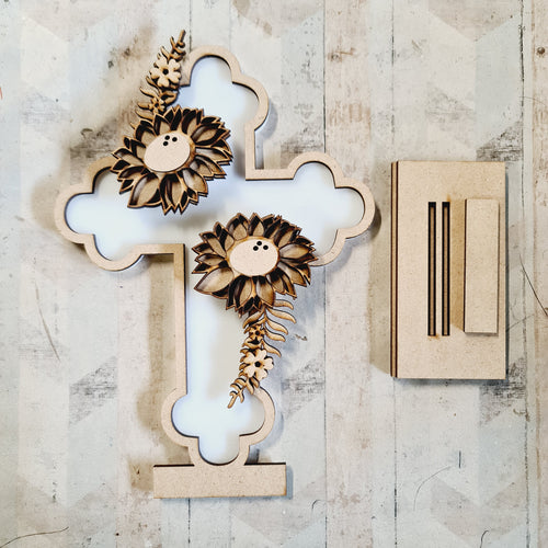 OL4650- MDF and Acrylic Cross - Freestanding or Hanging/no holes - Acrylic white, or clear or MDF Cross - Sunflowers - Olifantjie - Wooden - MDF - Lasercut - Blank - Craft - Kit - Mixed Media - UK