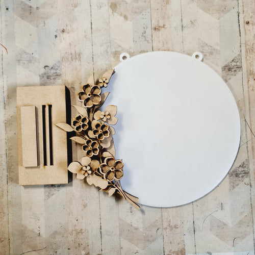 OL4341 - MDF Floral Circle - Freestanding or Hanging/no holes - Acrylic white, or clear or MDF Circle - Forget me not - Olifantjie - Wooden - MDF - Lasercut - Blank - Craft - Kit - Mixed Media - UK