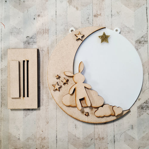 OL4353 - MDF Moon Circle - Freestanding or Hanging/no holes - Acrylic white, or clear or MDF Circle - Bunny Teddy - Olifantjie - Wooden - MDF - Lasercut - Blank - Craft - Kit - Mixed Media - UK