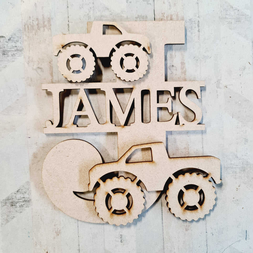 FL046 - Monster Truck MDF Personalised Split Letter - Olifantjie - Wooden - MDF - Lasercut - Blank - Craft - Kit - Mixed Media - UK
