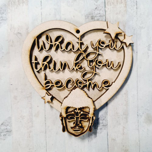 HB049 - MDF Hanging Heart - Buddha Themed with Choice of Wording - 2 Fonts - Olifantjie - Wooden - MDF - Lasercut - Blank - Craft - Kit - Mixed Media - UK