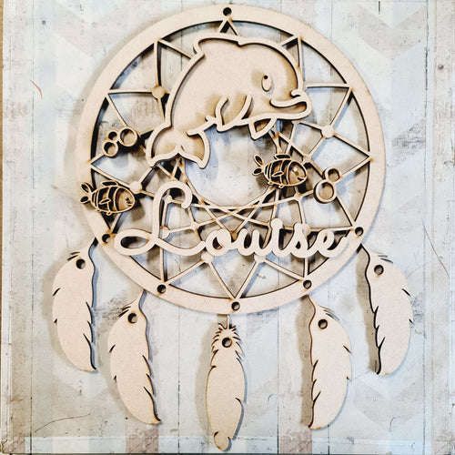 DC115 - MDF Doodle Dream Catcher - with Initial or Wording - Dolphin - Olifantjie - Wooden - MDF - Lasercut - Blank - Craft - Kit - Mixed Media - UK