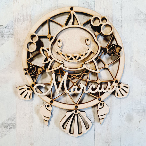 DC114 - MDF Doodle Dream Catcher - with Initial or Wording - Shark - Olifantjie - Wooden - MDF - Lasercut - Blank - Craft - Kit - Mixed Media - UK