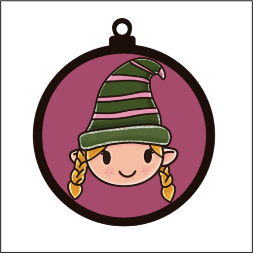 OL5499 - MDF Round Hanging - Doodle Christmas Bauble - Girl Elf - Olifantjie - Wooden - MDF - Lasercut - Blank - Craft - Kit - Mixed Media - UK