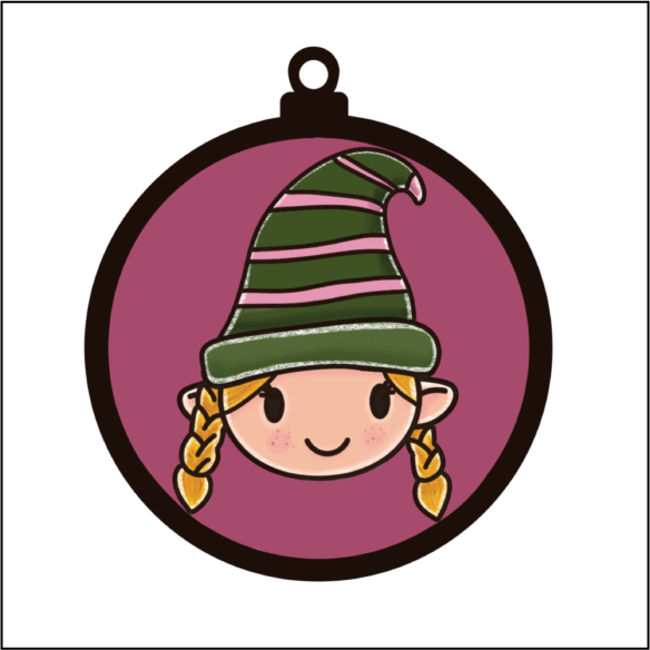 OL5499 - MDF Round Hanging - Doodle Christmas Bauble - Girl Elf - Olifantjie - Wooden - MDF - Lasercut - Blank - Craft - Kit - Mixed Media - UK