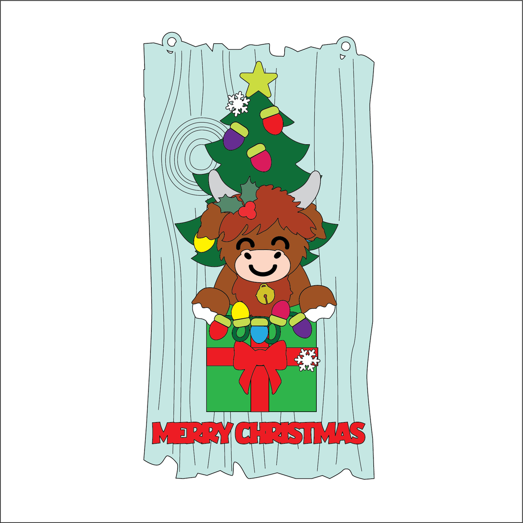 OL5381 - MDF Christmas Lights Tree Stacker Plaque with optional hanging holes - Driftwood Style backing - Highland Cow 2 - Olifantjie - Wooden - MDF - Lasercut - Blank - Craft - Kit - Mixed Media - UK