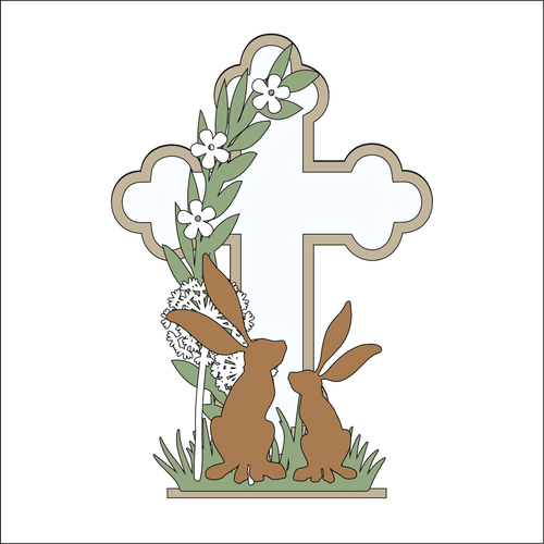 OL4916 - MDF and Acrylic Cross - Double Hare and Dandelion - Freestanding or Hanging/no holes - Acrylic white, or clear or MDF Cross - - Olifantjie - Wooden - MDF - Lasercut - Blank - Craft - Kit - Mixed Media - UK