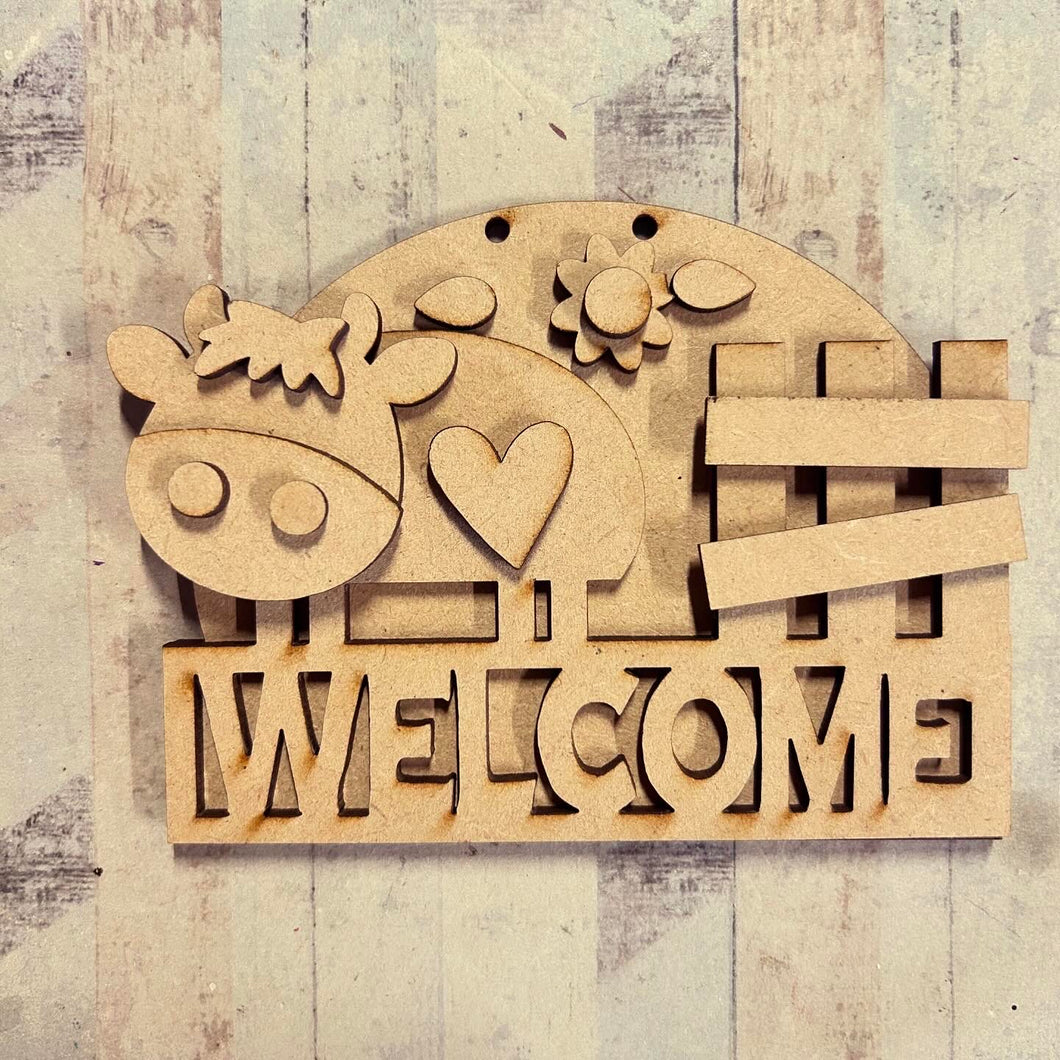 NO120 - MDF 2 Sizes ‘Welcome Cow’  Hanging Bauble/ sign - Olifantjie - Wooden - MDF - Lasercut - Blank - Craft - Kit - Mixed Media - UK