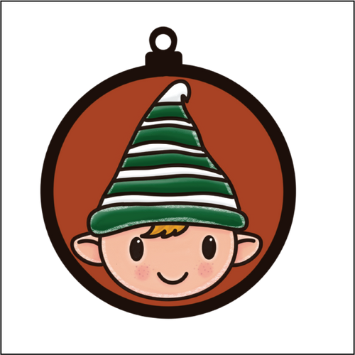 OL5500 - MDF Round Hanging - Doodle Christmas Bauble - Boy Elf - Olifantjie - Wooden - MDF - Lasercut - Blank - Craft - Kit - Mixed Media - UK