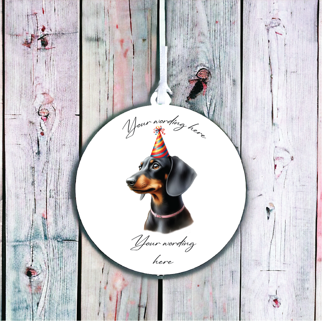 UV707 - Acrylic and UVDTF Personalised Round Hanging  - Dog Party Hat - 21 Black Dachsund - Olifantjie - Wooden - MDF - Lasercut - Blank - Craft - Kit - Mixed Media - UK