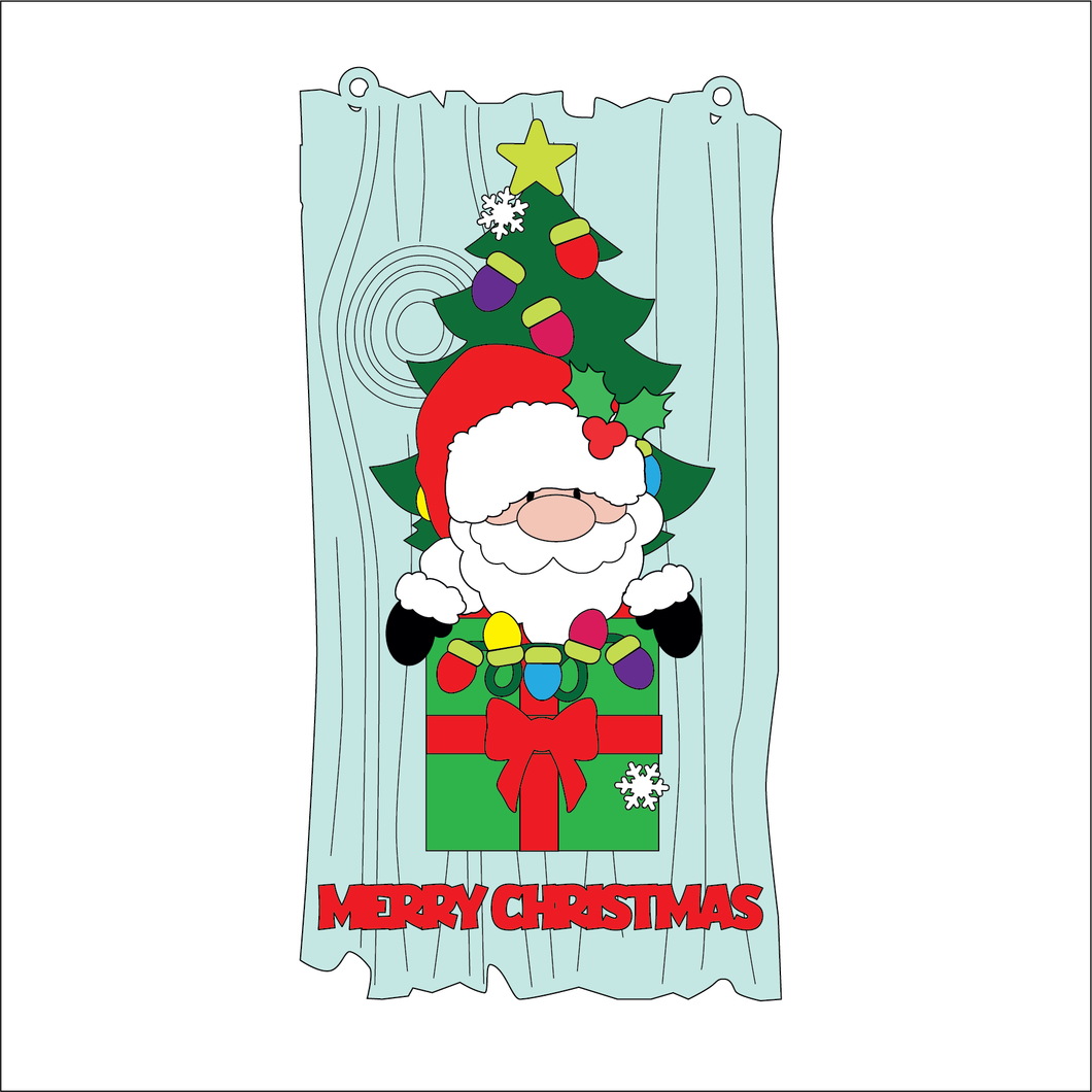 OL5383 - MDF Christmas Lights Tree Stacker Plaque with optional hanging holes - Driftwood Style backing - Santa - Olifantjie - Wooden - MDF - Lasercut - Blank - Craft - Kit - Mixed Media - UK