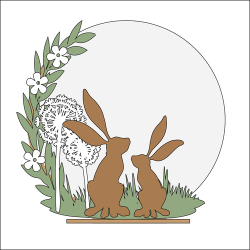 OL4902 - MDF Double Hare & Dandelion Themed Circle - Freestanding or Hanging/no holes - Acrylic white, or clear or MDF Circle - Olifantjie - Wooden - MDF - Lasercut - Blank - Craft - Kit - Mixed Media - UK