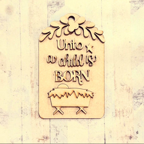 NO407 - MDF 2 Sizes Christmas Hanging Bauble - Baby Jesus Nativity Tag - Olifantjie - Wooden - MDF - Lasercut - Blank - Craft - Kit - Mixed Media - UK