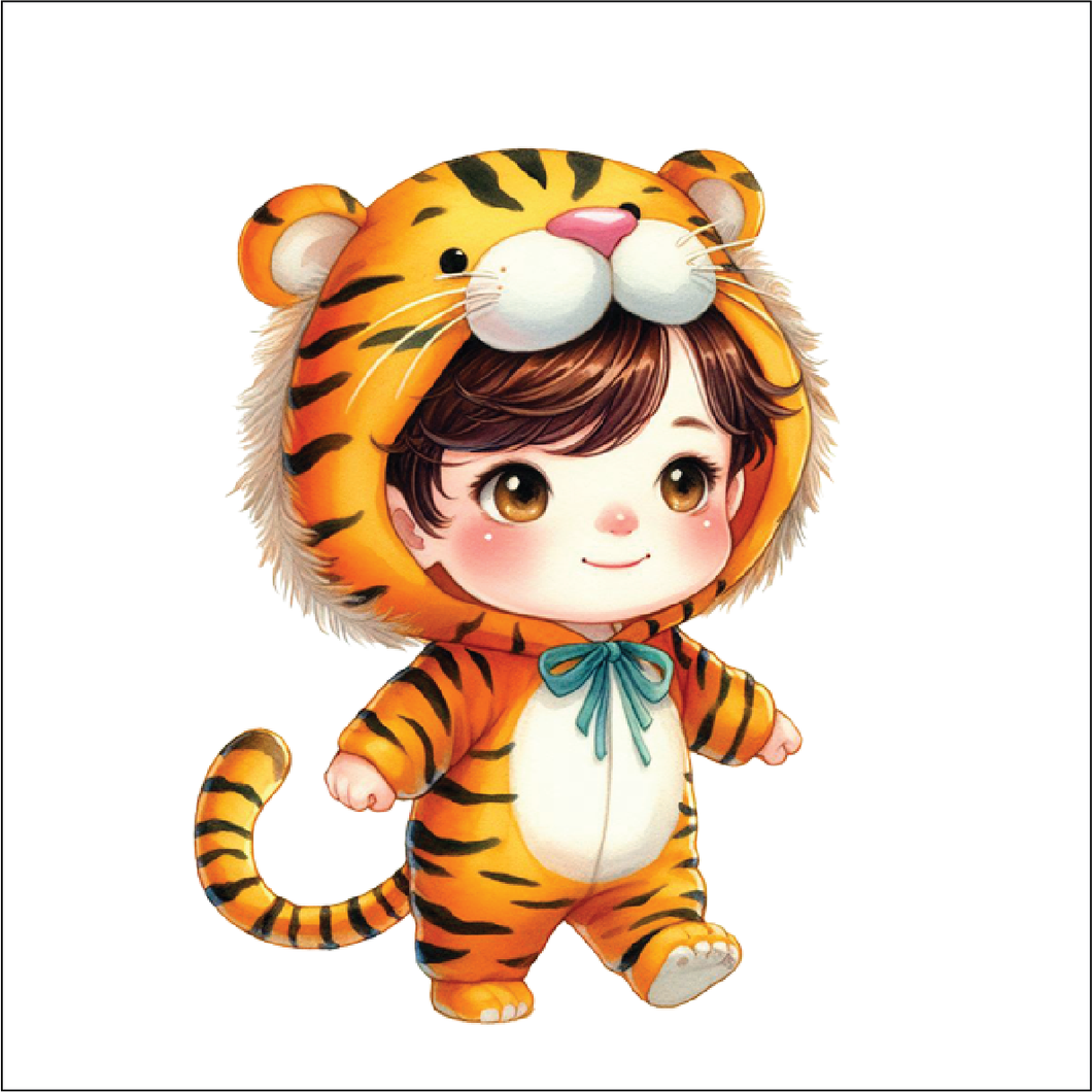 UV062 - UVDTF - Decal only Dress up child tiger - Olifantjie - Wooden - MDF - Lasercut - Blank - Craft - Kit - Mixed Media - UK