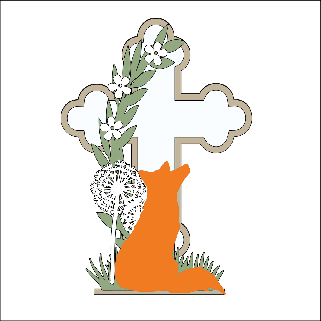 OL4917 - MDF and Acrylic Cross - Single Fox and Dandelion - Freestanding or Hanging/no holes - Acrylic white, or clear or MDF Cross - - Olifantjie - Wooden - MDF - Lasercut - Blank - Craft - Kit - Mixed Media - UK